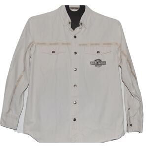 Vintage Harley Davidson Mens Full Snap Shirt Off White AOP Logo Size L